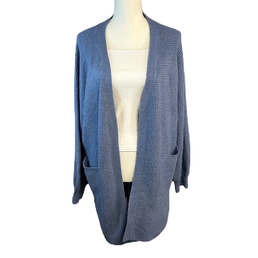 SO Women Longline Cardigan Sweater XL Blue Waffle Knit Open Front Beachy Coastal